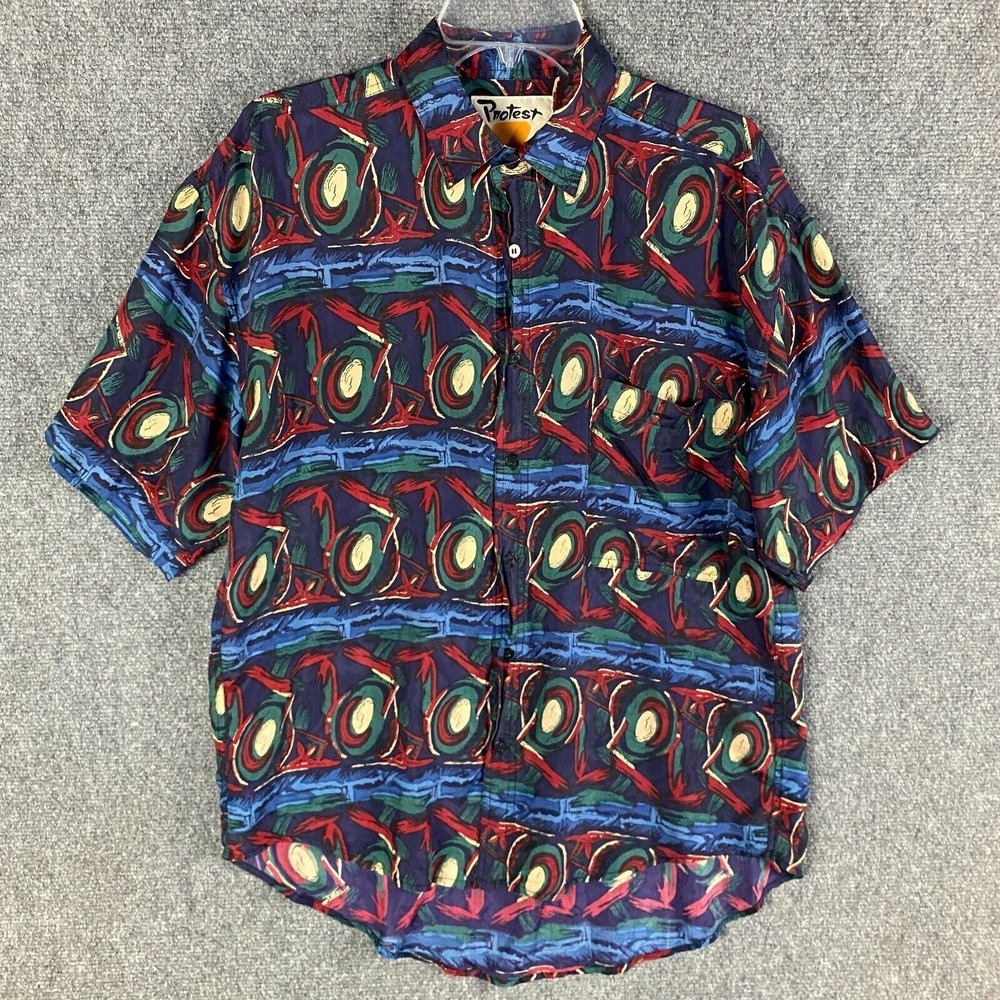Protest Button Up Shirt Men's Small 100% Silk Short Sleeve Abstract Adults S